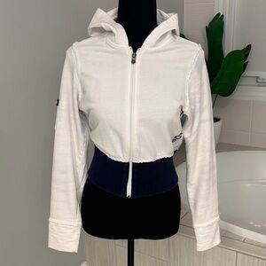 Cropped White Zip Adidas Hoodie with Navy Waistband